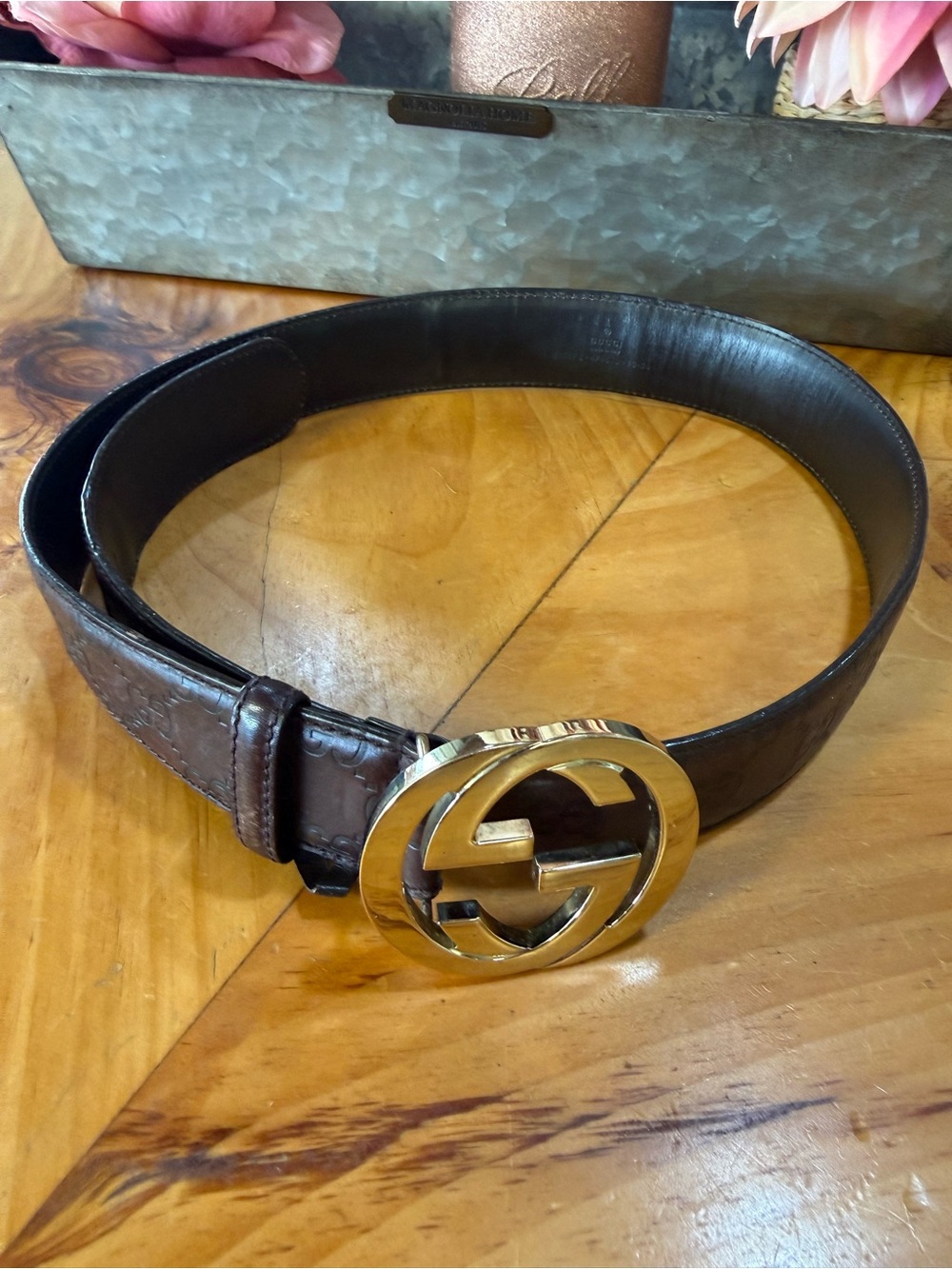 Gucci Brown Leather Men's Belt with Gold Double-G Buckle